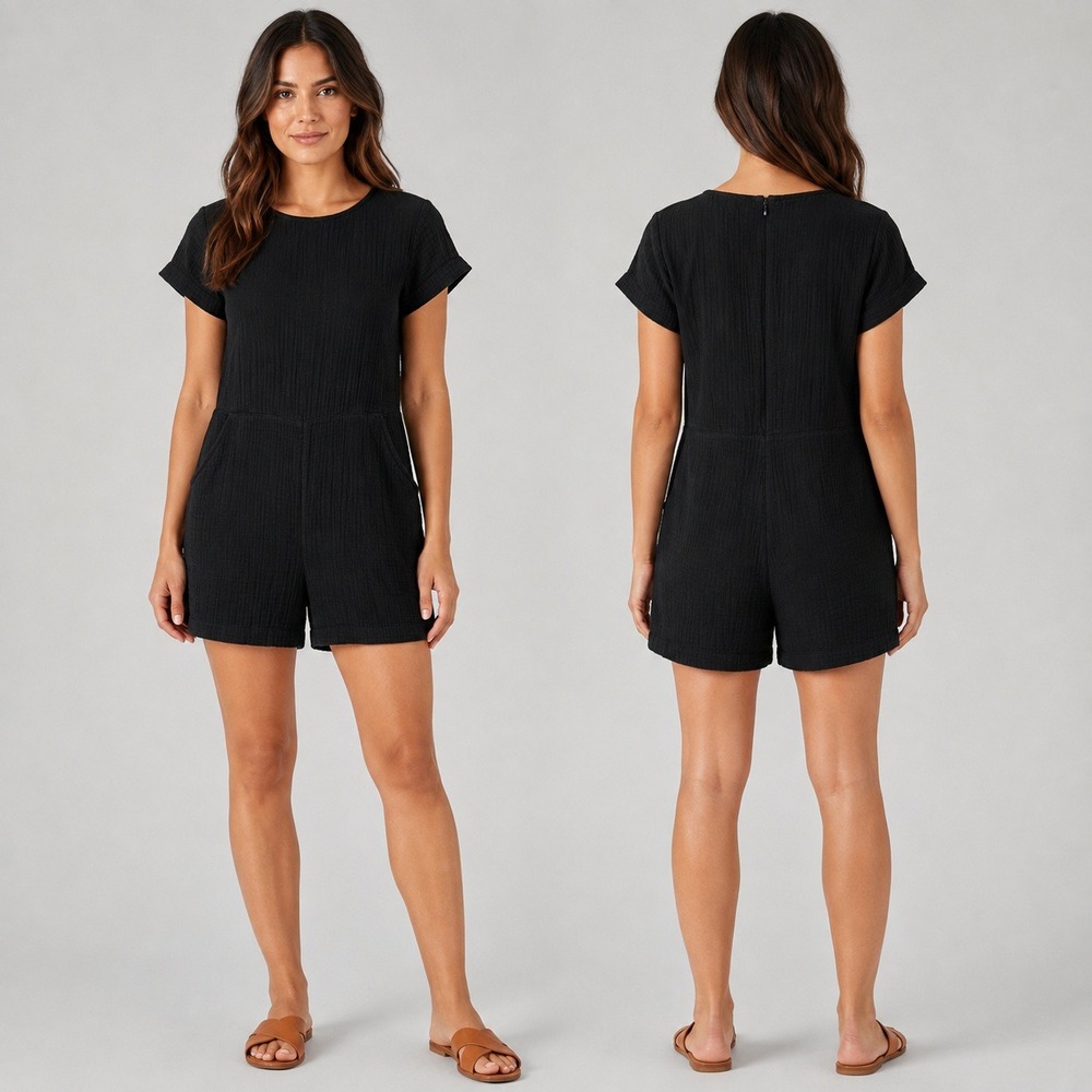 Eileen Fisher Black Organic Cotton Crinkle Gauze Romper Size Small Jumpsuit